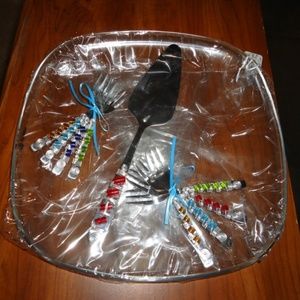 Italian Glass Platter w/ 8 Beaded Forks